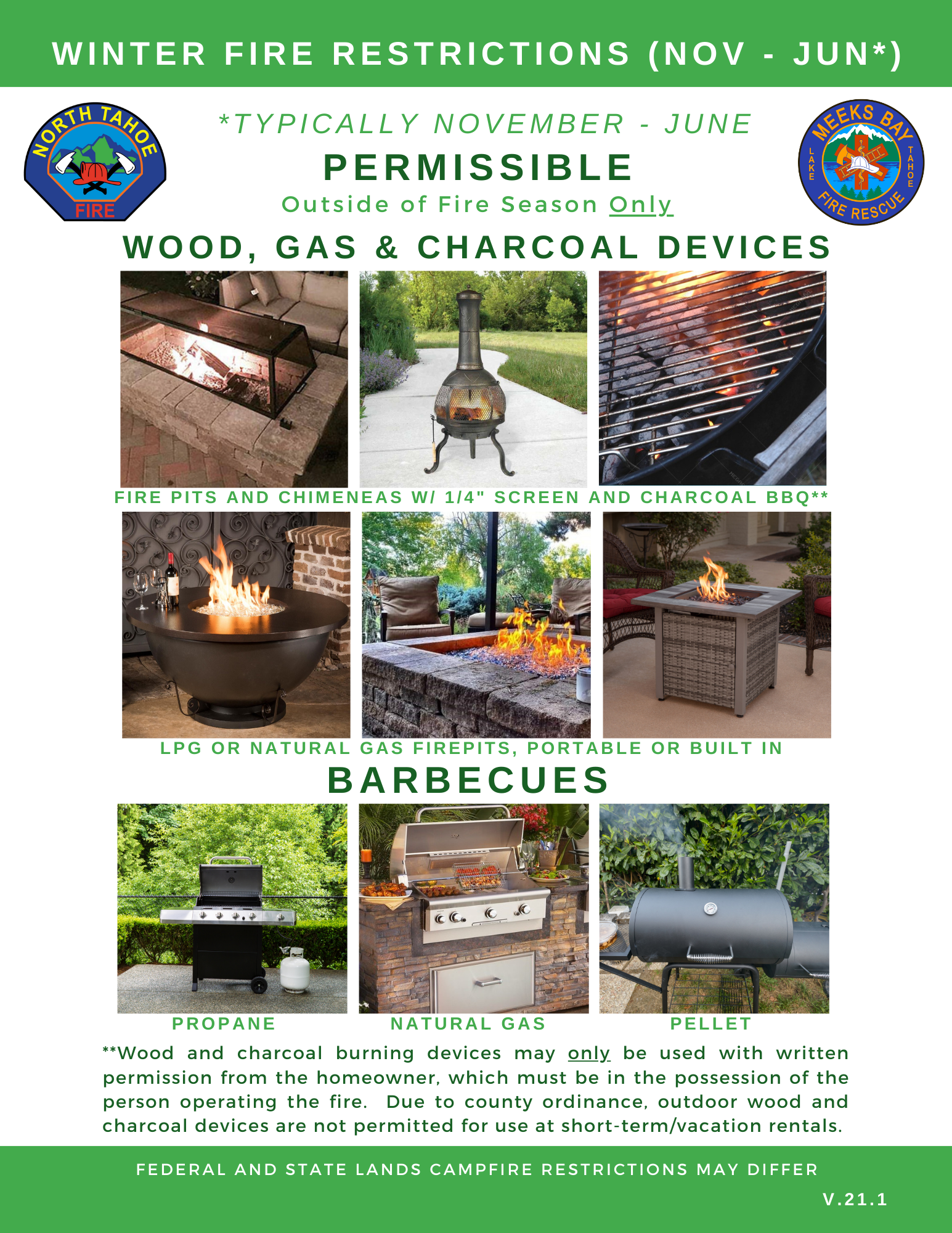An image of the outdoor wood, gas and charcoal devices and barbcues that are permitted for use during the winter months in Lake Tahoe.
